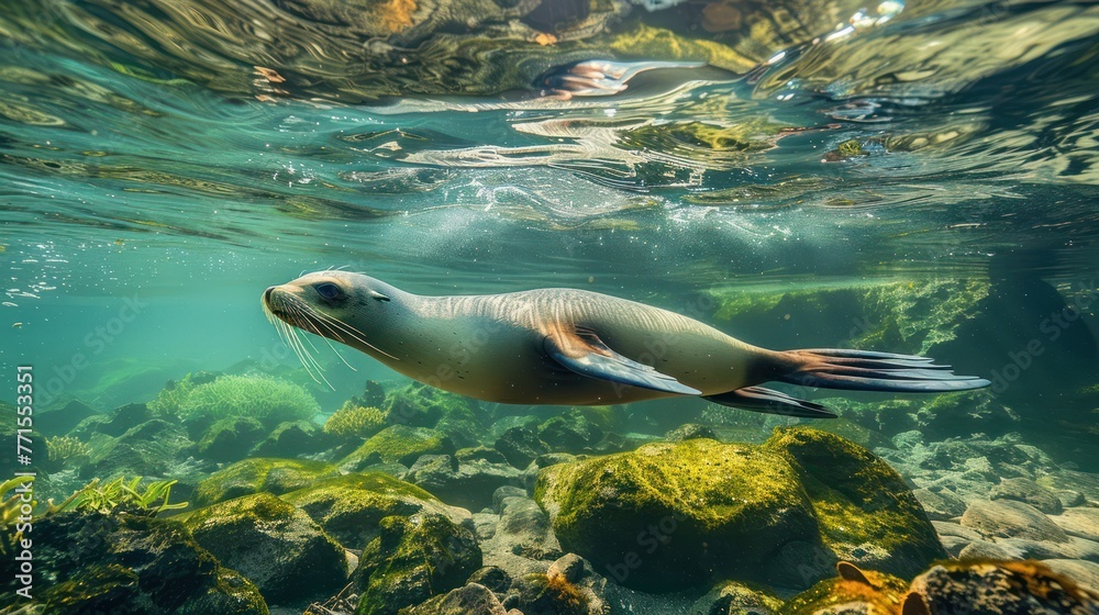 Obraz premium Sea lion swimming underwater in the lake