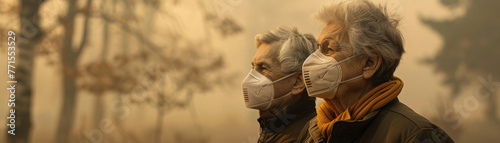 A couple wearing masks walk down a street. City full of Dust PM 2.5 pollution that effect to health. Healthcare and medical concept.