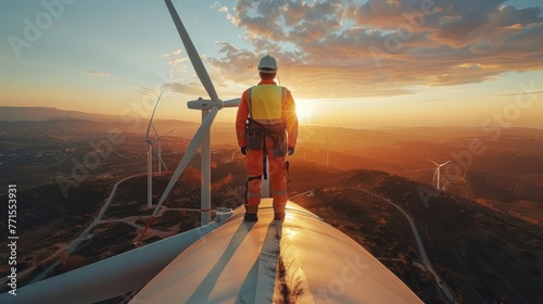 Wind turbine engineer wearing PPE standing on wind turbine