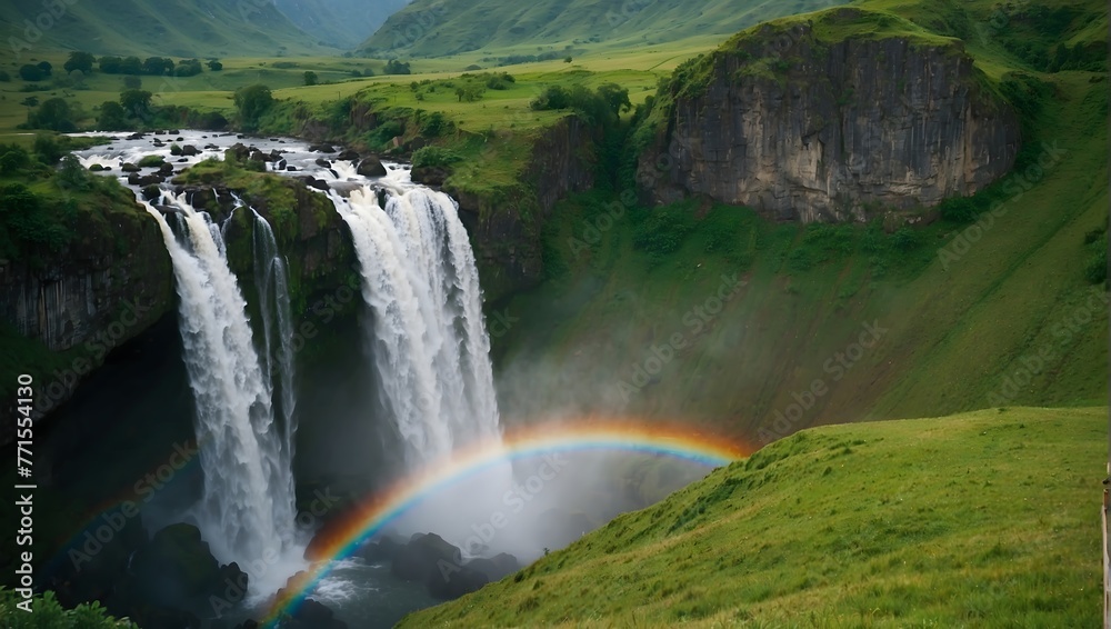 A majestic rainbow arching over a cascading waterfall in a lush, green valley Generative AI A majestic rainbow arching over a cascading waterfall in a lush, green valley Generative AI