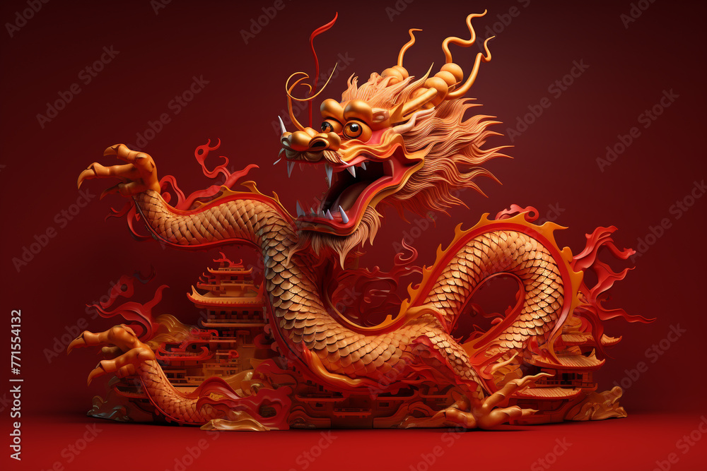 3D golden Chinese dragon on a red background. Chinese New Year festival celebration. Generative AI 3D golden Chinese dragon on a red background. Chinese New Year festival celebration. Generative AI
