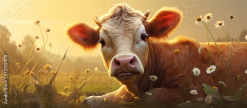 A terrestrial animal, the cow, is peacefully resting in a grassland full of flowers, observing the camera with its snout. The natural landscape makes a picturesque scene