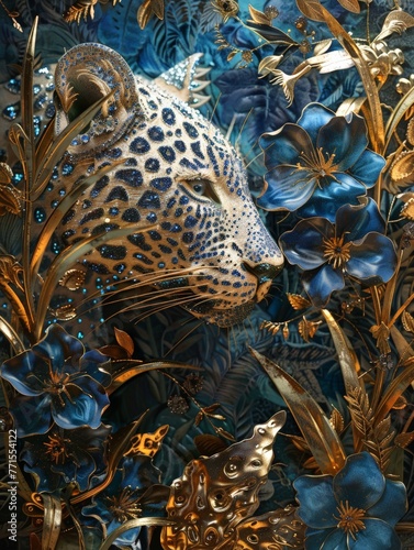 A painting depicting a leopard standing majestically amidst a backdrop of vibrant blue flowers © pham