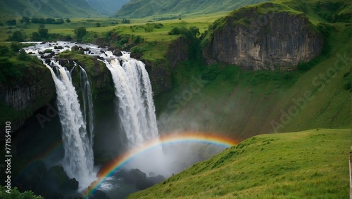 A majestic rainbow arching over a cascading waterfall in a lush, green valley Generative AI