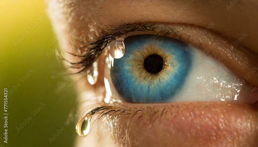 close up of a female eye, wallpaper Sad woman concept - closed eyelid closeup with a teardrop on eyelashes. A tear on eyelashes macro close-up. A tear runs down his cheek. Tinted blue - obrazy, fototapety, plakaty 