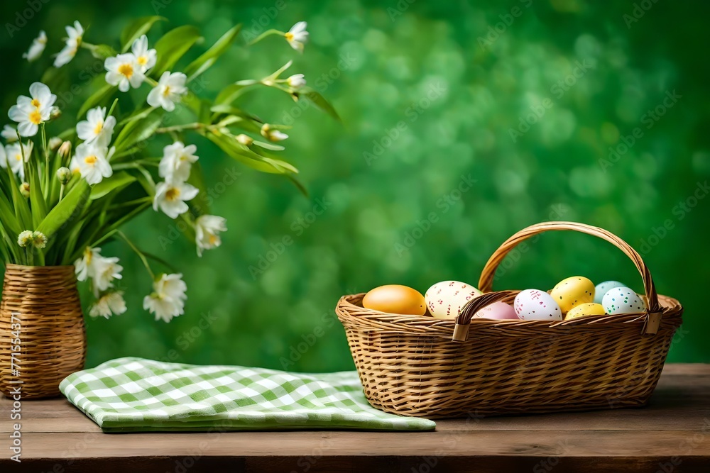 a wooden table with an empty basket and a tablecloth against a green bokeh background. Easter and springtime mockups for design. a wooden table with an empty basket and a tablecloth against a green bokeh background. Easter and springtime mockups for design.