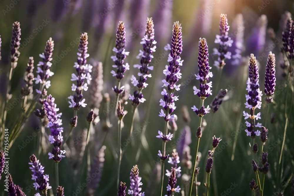 Fototapeta premium Spanish lavender flowers in a garden with a gentle backdrop blur. 