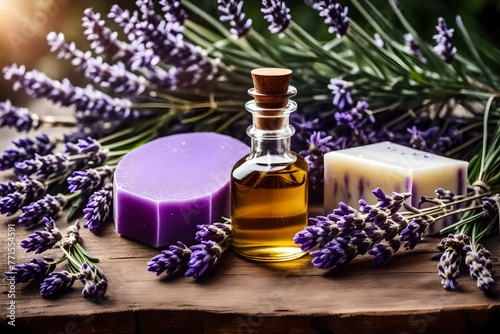 Close-up of soap bars  fresh lavender flowers  and essential oil on a wooden table outside.