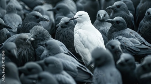 White bird standing among a crowd of gray birds, Generative AI