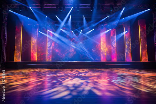 Modern dance stage light background with spotlight illuminated for modern dance production stage. Empty stage with creative lighting. Stage lighting art design. Entertainment show. Generative AI. photo