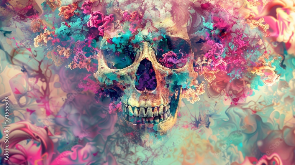 A skull emerges from an explosion of psychedelic floral patterns, creating a surreal and vibrant artistic composition.