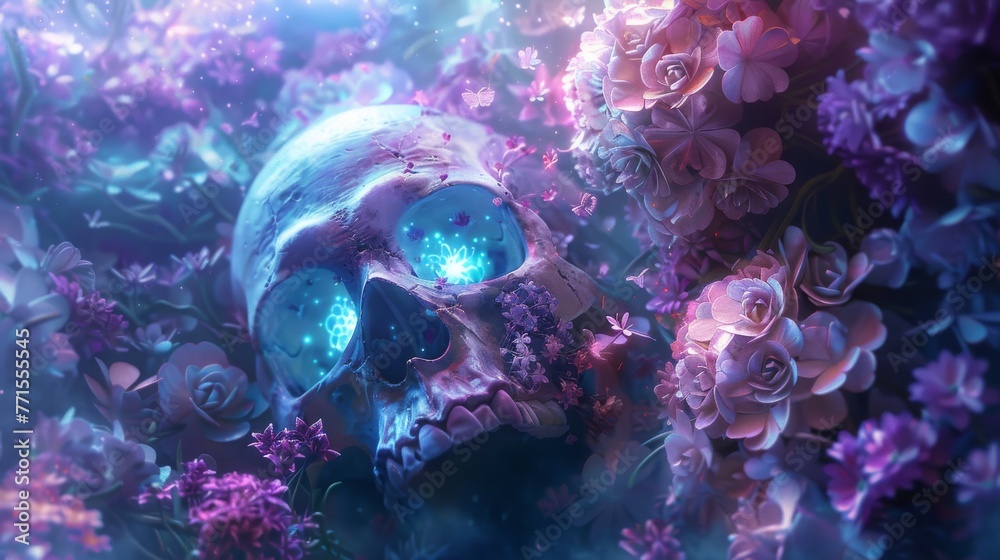 A skull rests in an ethereal garden, its eye sockets glowing with a magical light, surrounded by a mystical array of radiant flowers and soft butterflies. A skull rests in an ethereal garden, its eye sockets glowing with a magical light, surrounded by a mystical array of radiant flowers and soft butterflies.