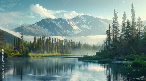 landscape with mountains  forest and a river in front. beautiful scenery