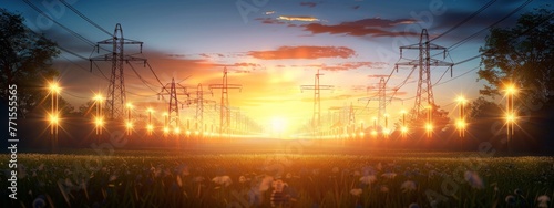 Sunrise solar power concept high voltage pylons transfer sustainable electricity