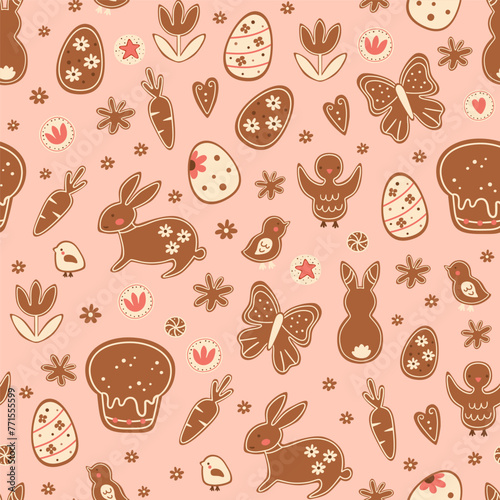 Pink Easter gingerbread cookies seamless pattern with tasty rabbit bunny, cute chicken, Easter cake, eggs. Vector spring food illustration, tasty bakery elements for textile design, wallpaper, print.