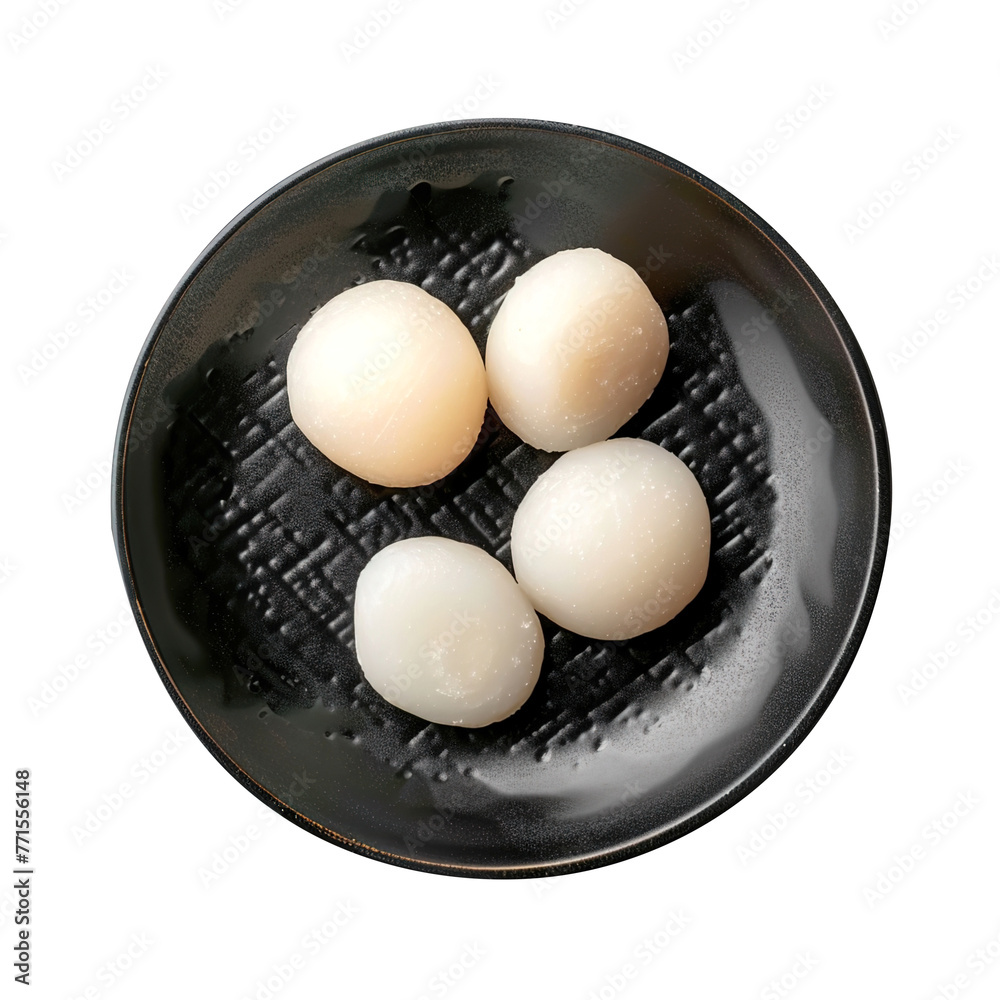 Mochi on a black plate a sweet, isolated on transparent background Remove png, Clipping Path, pen tool Mochi on a black plate a sweet, isolated on transparent background Remove png, Clipping Path, pen tool