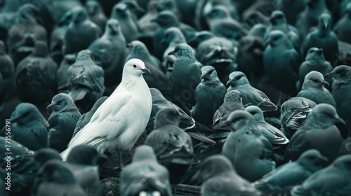 White bird standing among a crowd of gray birds, Generative AI photo