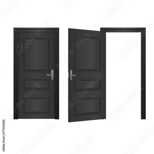 Open and closed front door of the house isolated on white background. Open and closed entrance realistic door. Classic room concept. Wooden outdoor entrance with shining light. © Little Monster 2070