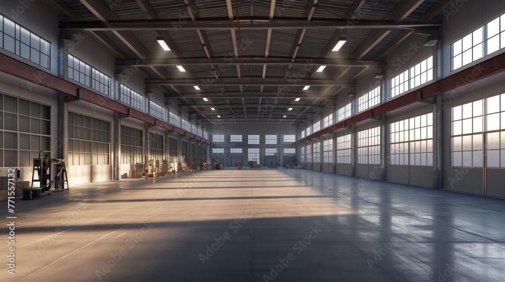 large, empty warehouse filled with natural light from numerous windows