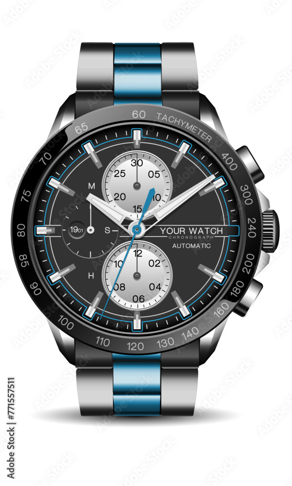 Realistic watch clock chronograph black blue steel line white number face for men design luxury on white background vector Realistic watch clock chronograph black blue steel line white number face for men design luxury on white background vector