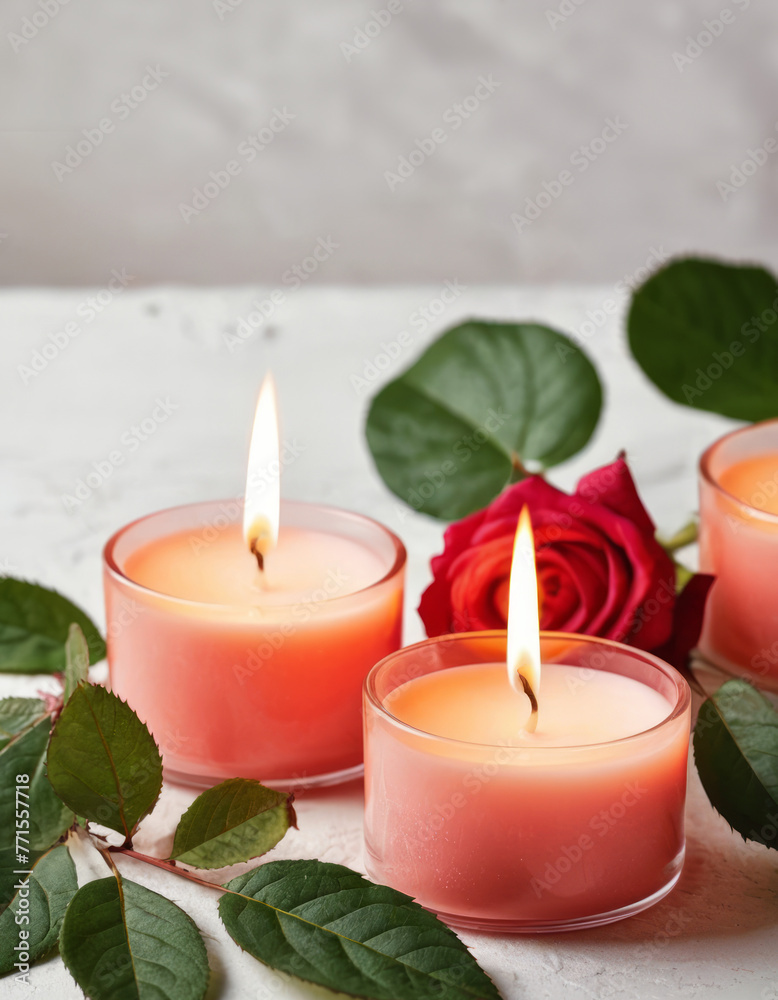 Pink burning wax candles and pink roses on a light background. Romantic atmosphere background for a banner, flyer, poster or postcard with copy space. Pink burning wax candles and pink roses on a light background. Romantic atmosphere background for a banner, flyer, poster or postcard with copy space.