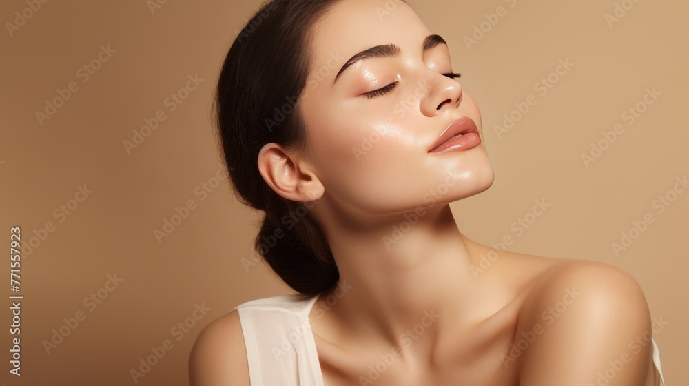 beauty portrait of a girl with eyes closed in pleasure with perfect skin without makeup on a beige background, skin care concept beauty portrait of a girl with eyes closed in pleasure with perfect skin without makeup on a beige background, skin care concept