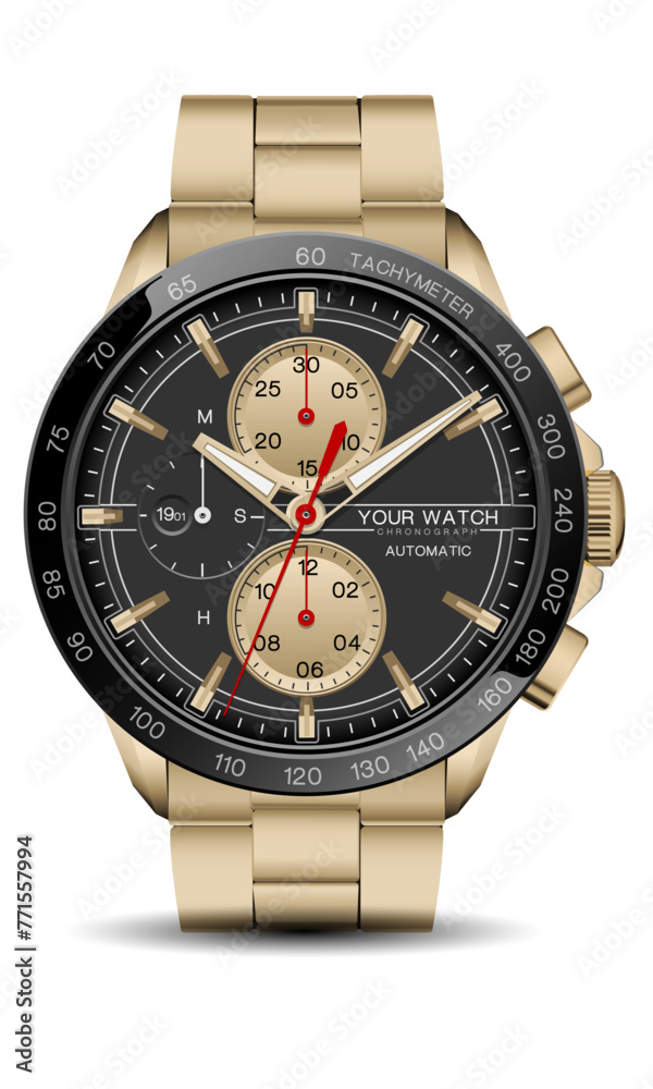 Realistic watch clock chronograph black blue steel line white number face for men design luxury on white background vector Realistic watch clock chronograph black blue steel line white number face for men design luxury on white background vector