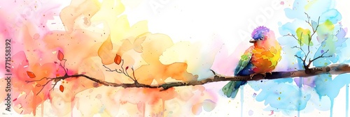 Vibrant Watercolor Painting of Colorful Bird Perched on Autumn Branch © Mickey