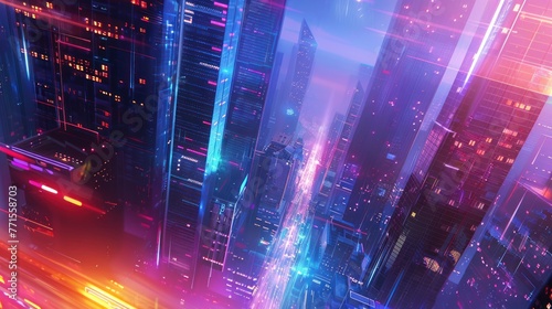 Future city with high-tech multicolored neon light trails  cyberpunk style  AI generated image.