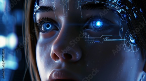 Bionic girl with technology background looking at the future, AI generated image.