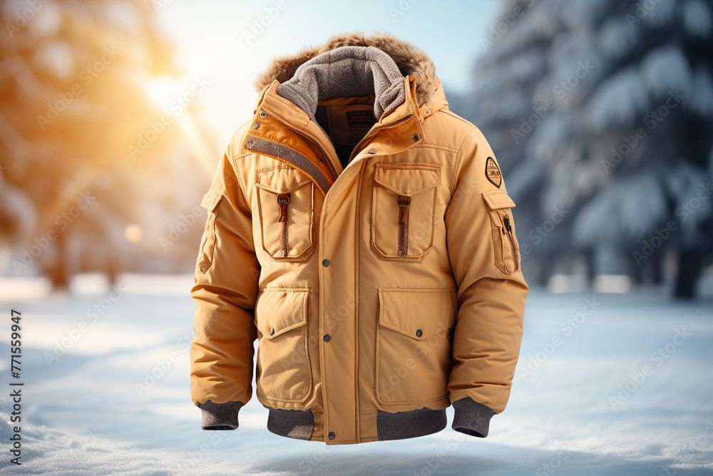 Child in warm jacket on winter forest background. Winter fashion for kids. Child in warm jacket on winter forest background. Winter fashion for kids.