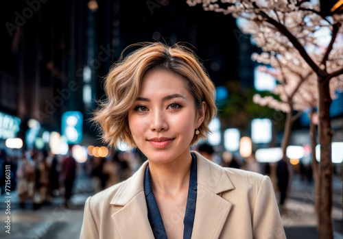 夜の路上でショートヘアの若い日本人女性
