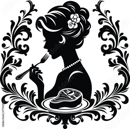 women silhouette, eat steak, flowers ornament decoration, floral vector design.