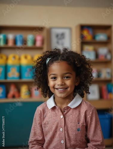 Portrait multiracial child kid girl student playing kindergarten preschool classroom school daycare center background smiling from Generative AI