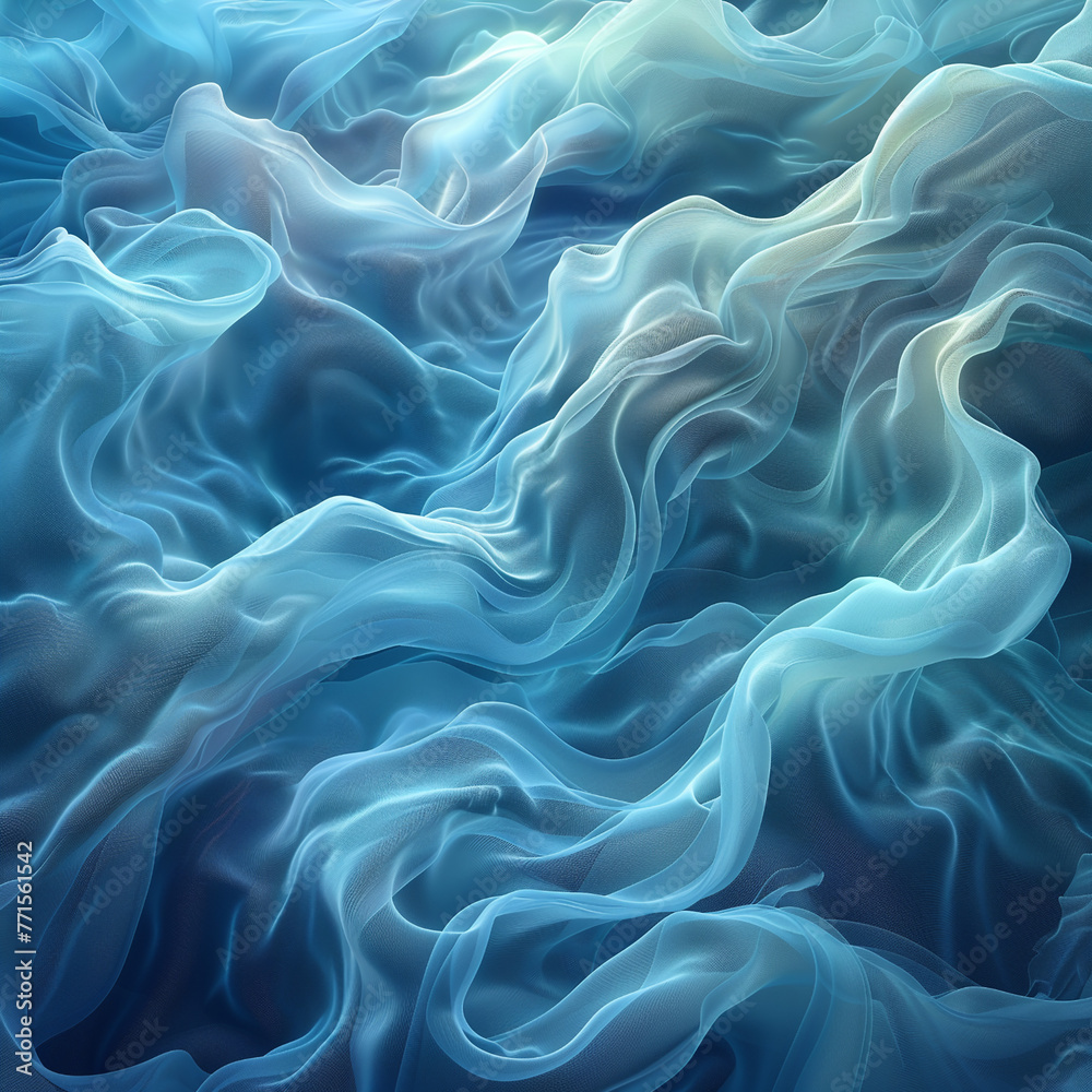 Fototapeta premium A digital art composition featuring an abstract background with swirling waves of light blue and green, resembling flowing fabric.