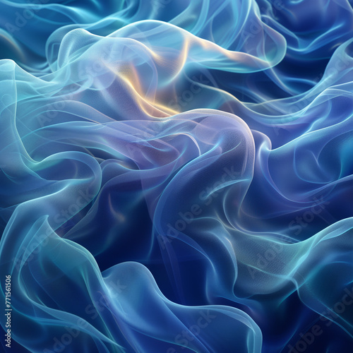A digital art composition featuring an abstract background with swirling waves of light blue and green, resembling flowing fabric.