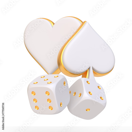 Elegant white poker suits with a golden edge next to dice with gold dots isolated on a white background, represent luxury and luck in a classic game setting. 3D render illustration