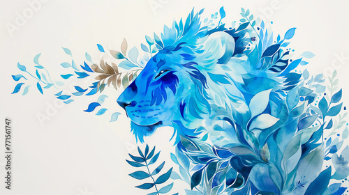Leão azul feito de plantas em aquarela isolado no fundo branco photo