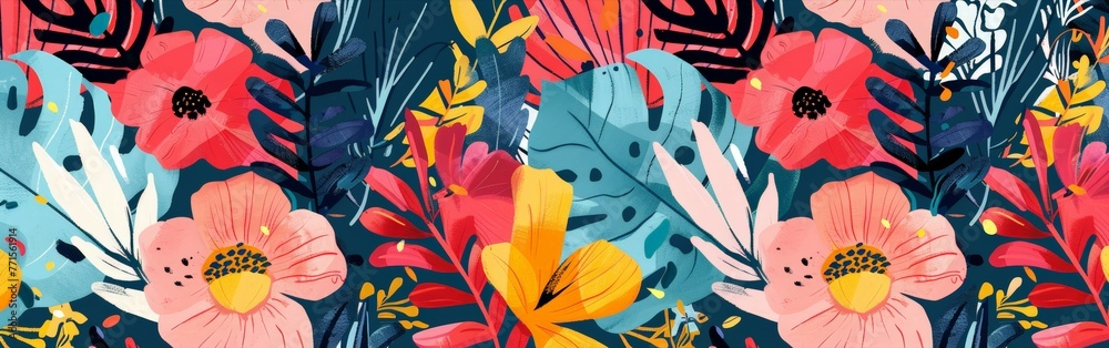 Fototapeta premium Vibrant and multicolored floral pattern displayed against a bright blue background
