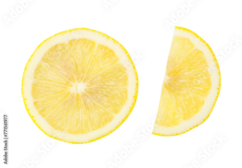 Top view set of yellow lemon half and slice or quarter isolated with clipping path in png file format