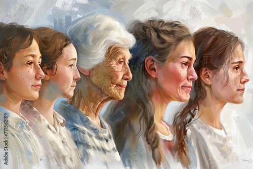 Portrayal of a woman’s journey from youth to old age, showing a transition from childhood, adolescence, adulthood to senior years. Generative AI photo