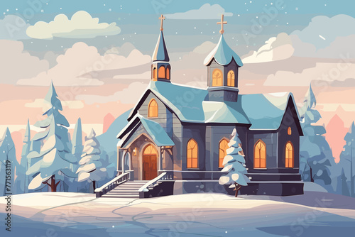vector illustration of a church with a winter feel