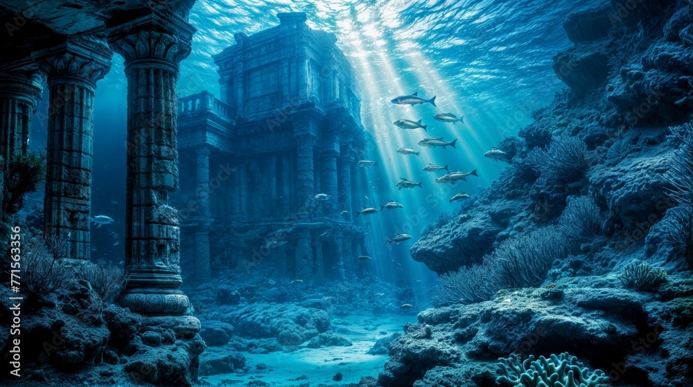 Underwater view of the ancient temple in the deep blue sea.