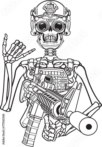 military Skeleton shows hand sign wearing military gear and holding assault rifle	