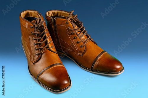 A pair of premium calfskin boots on a blue background. Horizontal shot.