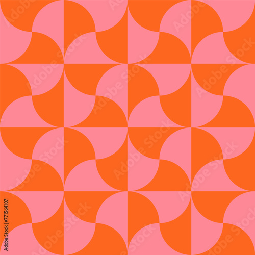Bold retro 1960 1970 orange and soft vintage pink halved scale shapes non-directional