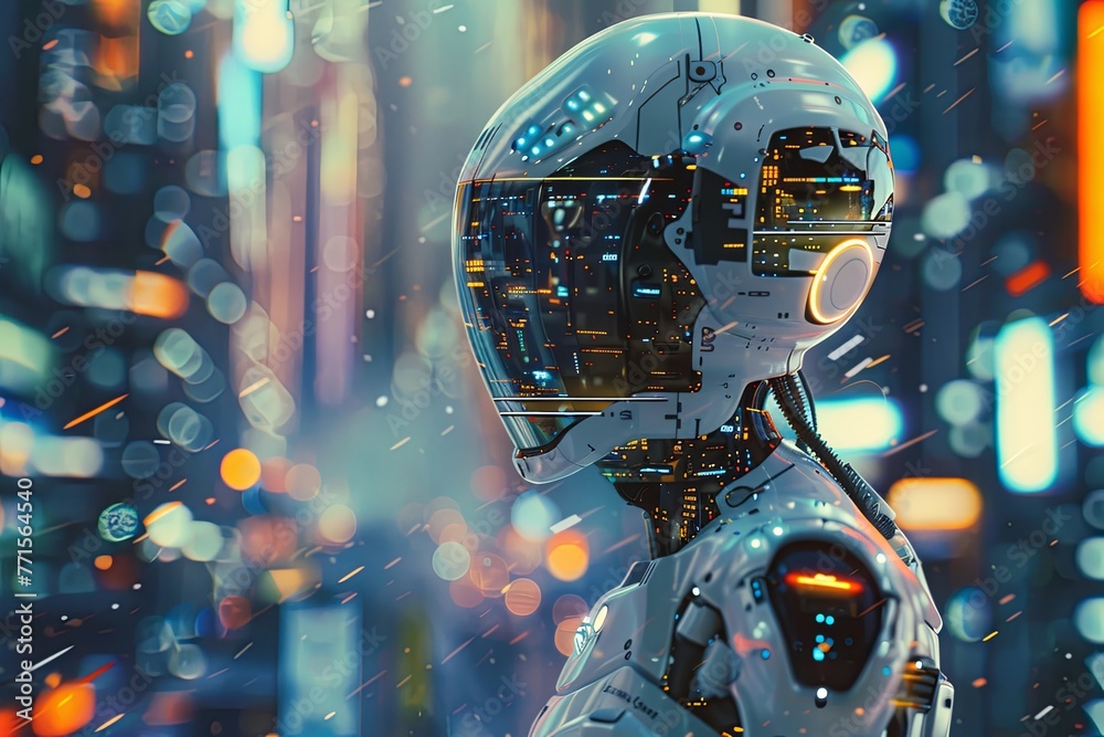 A robot stands amidst urban buildings and city lights at night, showcasing futuristic technology and innovation. Generative AI A robot stands amidst urban buildings and city lights at night, showcasing futuristic technology and innovation. Generative AI