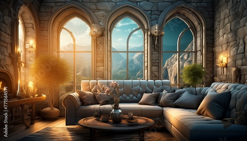 A living room inside a castle of stone with arches, overall scene is magical Ai generated