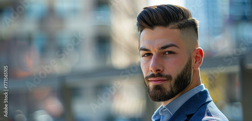 A sharply dressed man with a well-groomed beard and a trendy undercut hairstyle, projecting self-assurance as he meets the viewer's gaze head-on photo