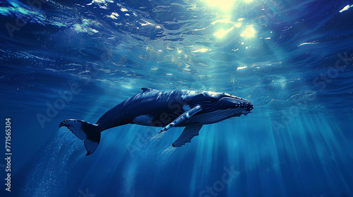 A large blue whale in the ocean is about to rise to the surface.